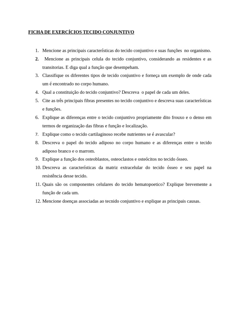 Exercícios sobre Tecido Conjuntivo | PDF