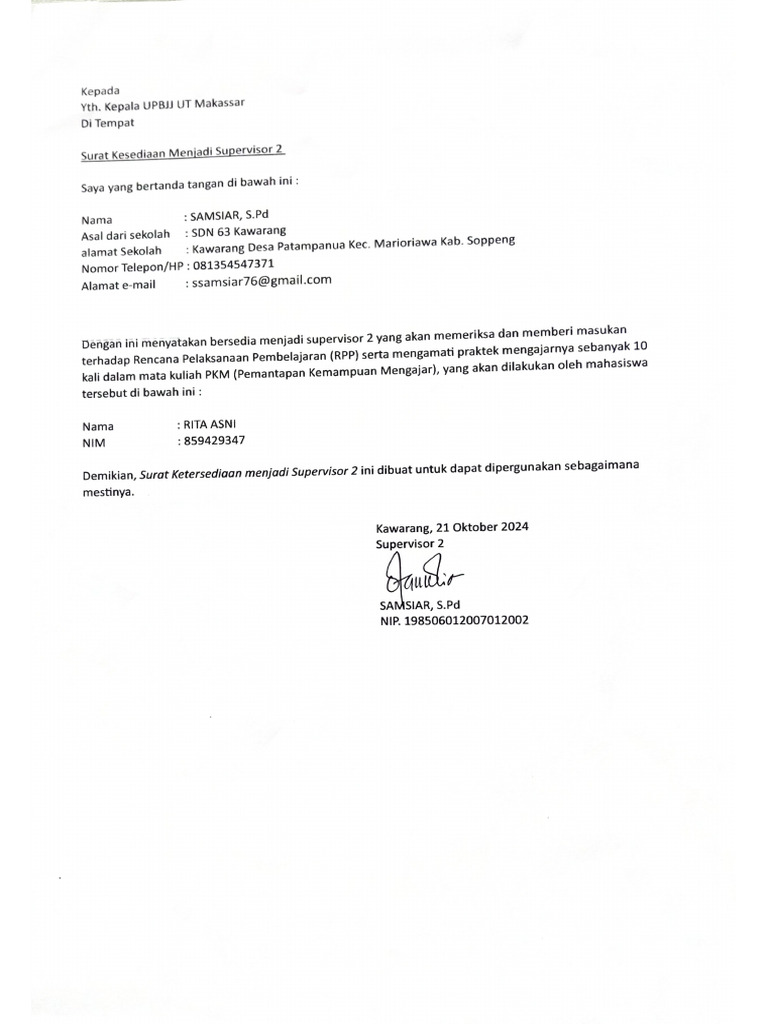 Surat Kesediaan Menjadi Asesor | PDF