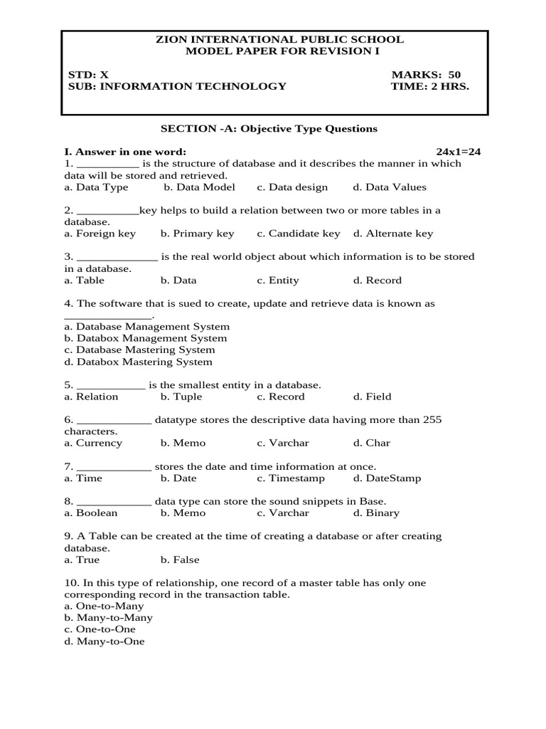 IT Model Paper for Std X Revision | PDF | Databases | Data Type