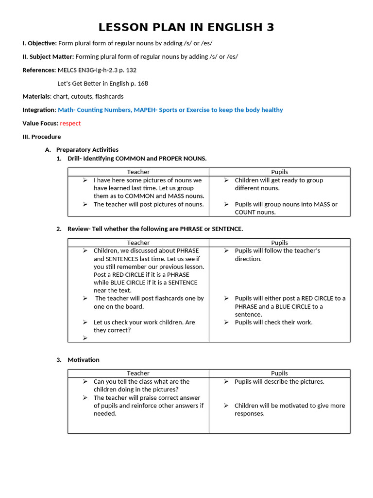 Lesson Plan in English 3 | PDF | Plural | Grammatical Number
