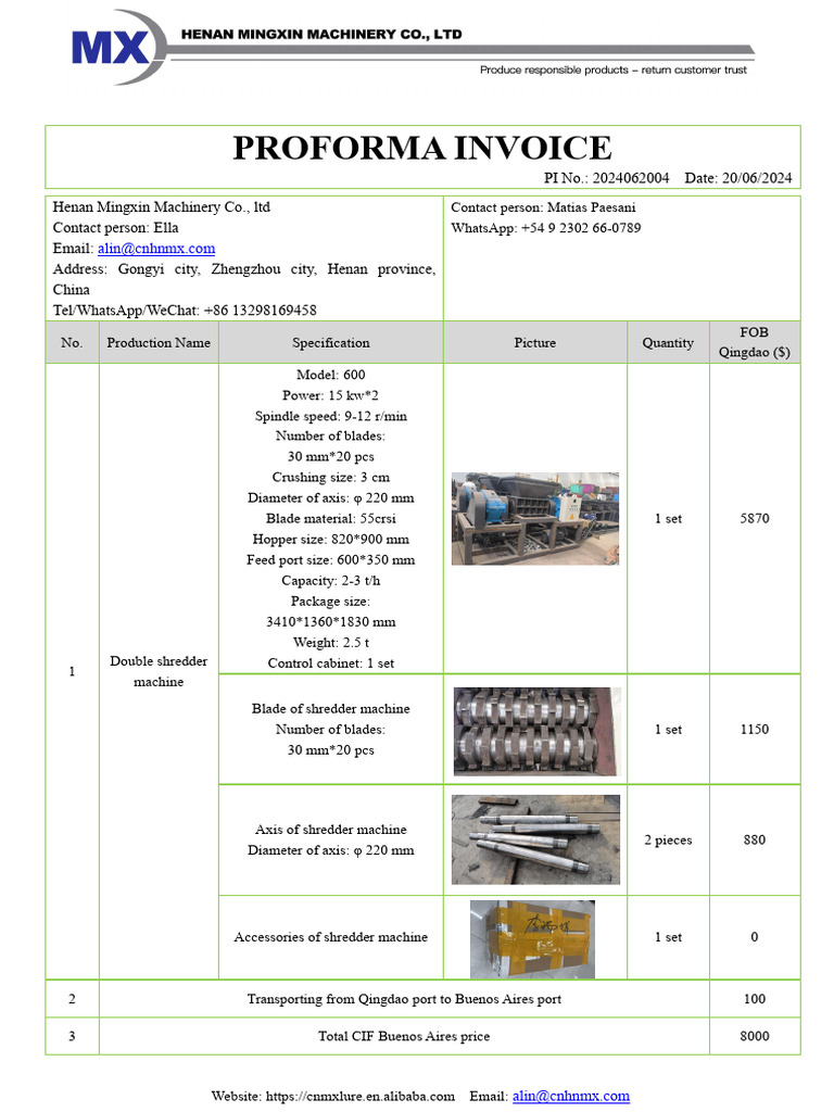 Proforma Invoice for Shredder Machine | PDF