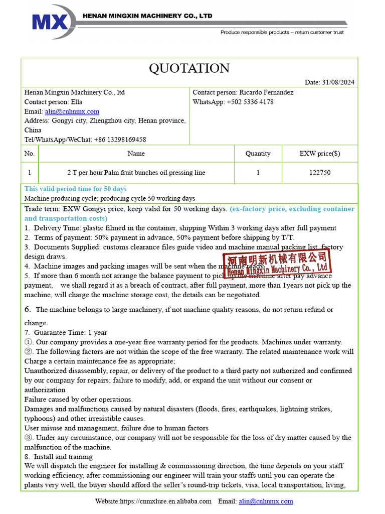 Palm Oil Pressing Line Quotation | PDF | Pipe (Fluid Conveyance) | Pump