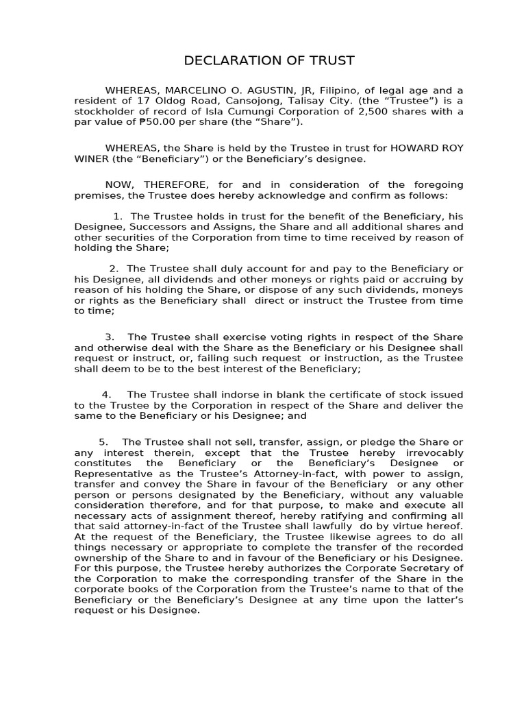 Declaration of trust agustin pdf trustee dividend