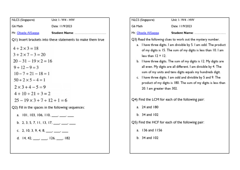 G6 Math Homework: Brackets & Sequences | PDF | Language Arts ...