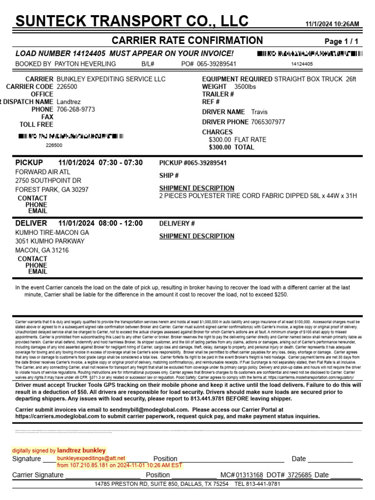 Carrier Rate Confirmation for Load 14124405 | PDF | Cargo | Common Carrier