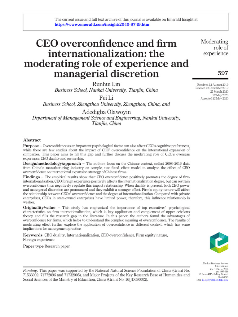 CEO Overconfidence and Firm Internationalization | PDF | Risk ...