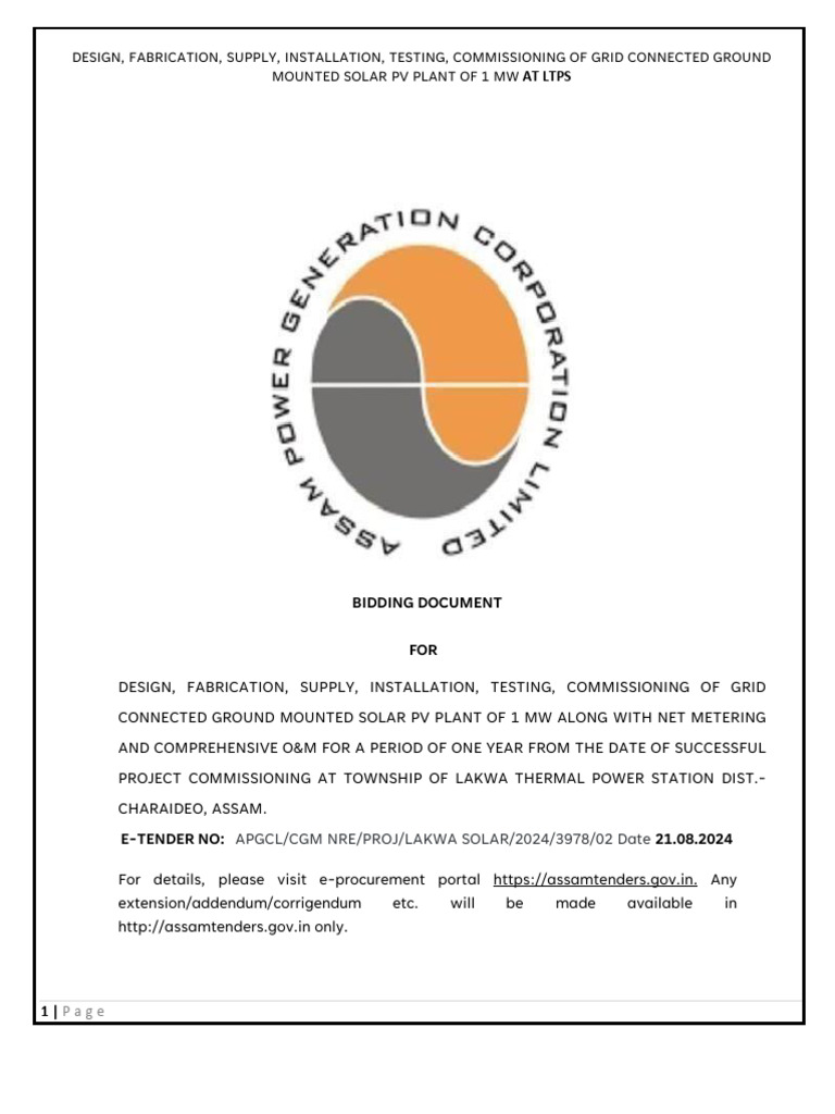 1 MW Solar PV Plant Tender at LTPS | PDF | Solar Power | Photovoltaic ...