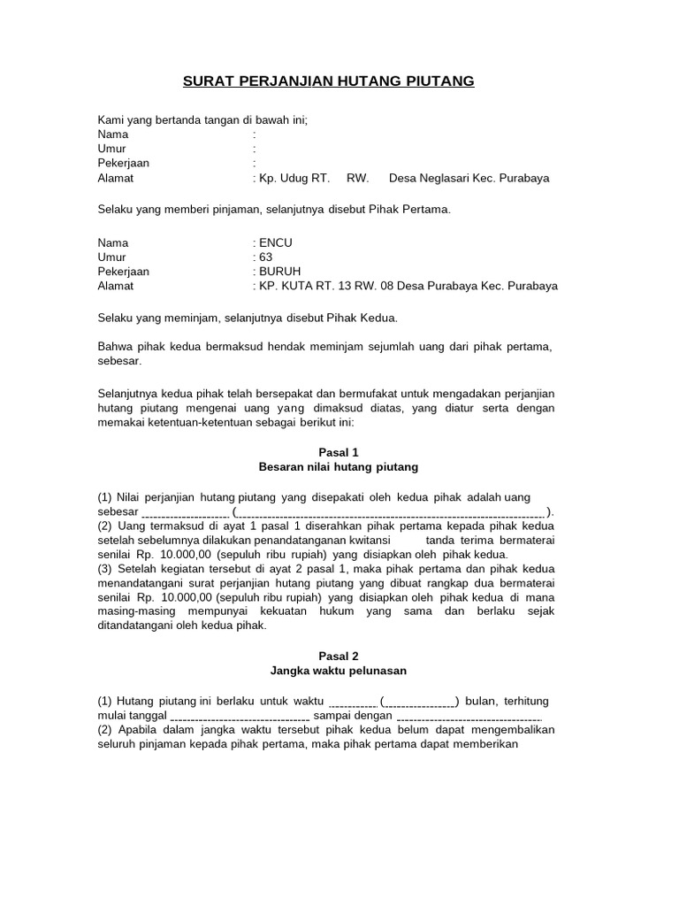 Contoh Surat Perjanjian Hutang Piutang | PDF