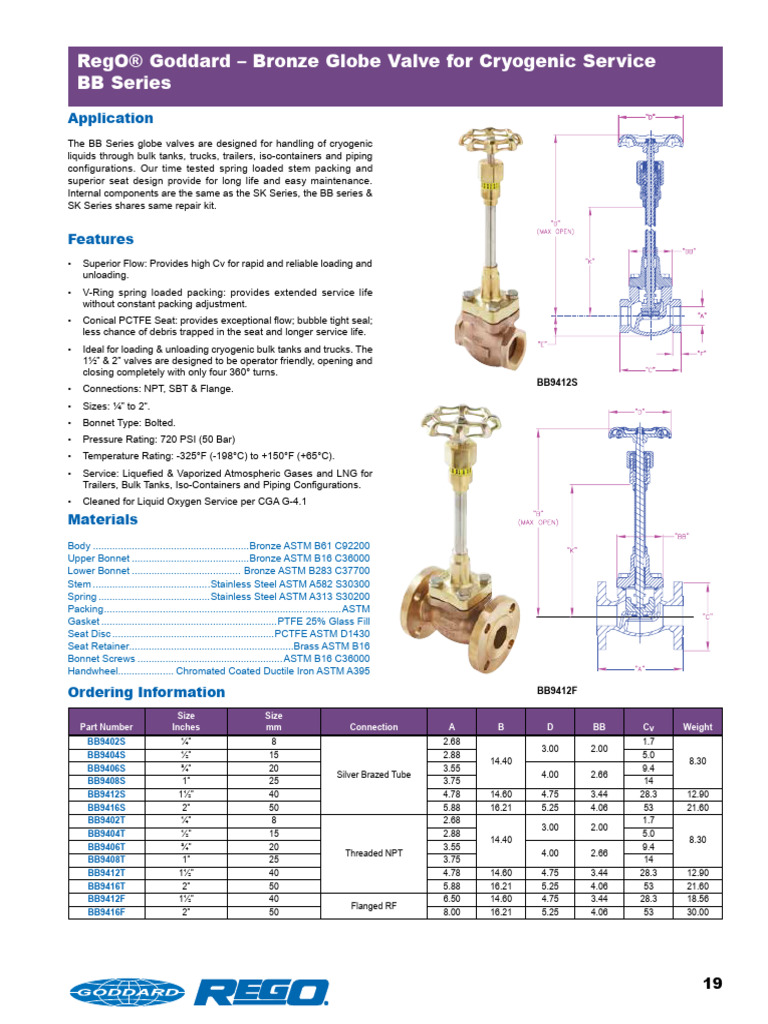 Rego® Goddard - Bronze Globe Valve For Cryogenic Service BB Series ...