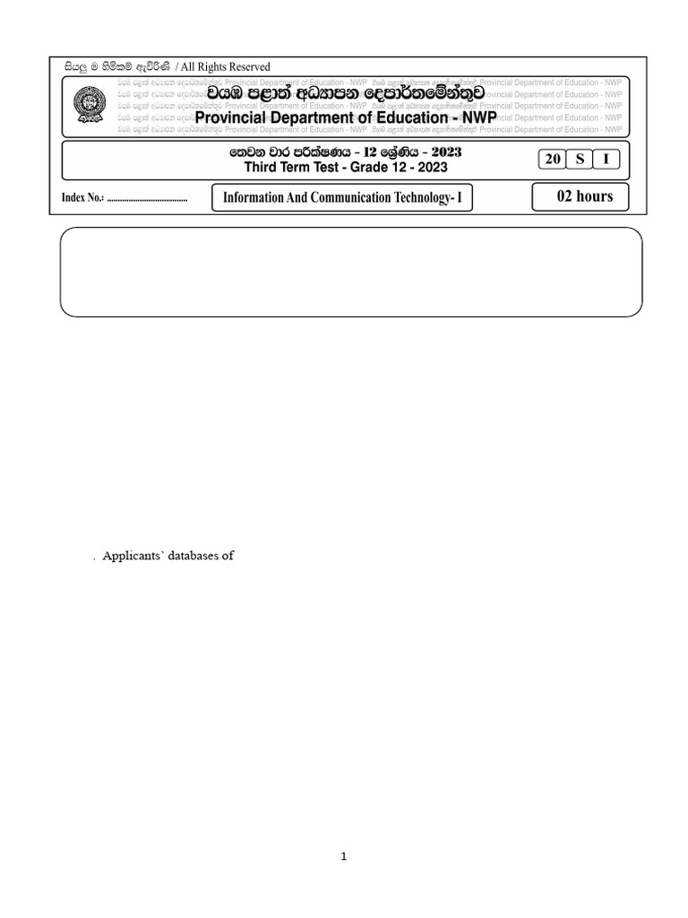 2023 Grade 12 ICT 3rd Term Test Paper North Western Province English ...