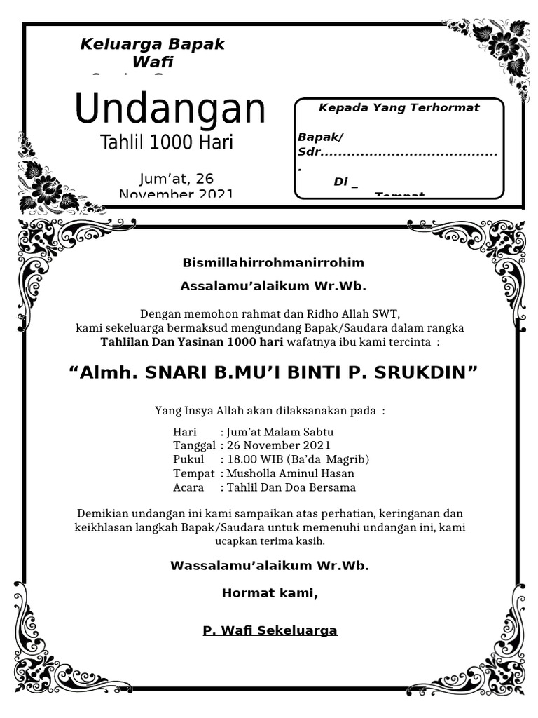 Undangan Tahlilan 1000 Hari Ibu Snari | PDF | Agama & Spiritualitas