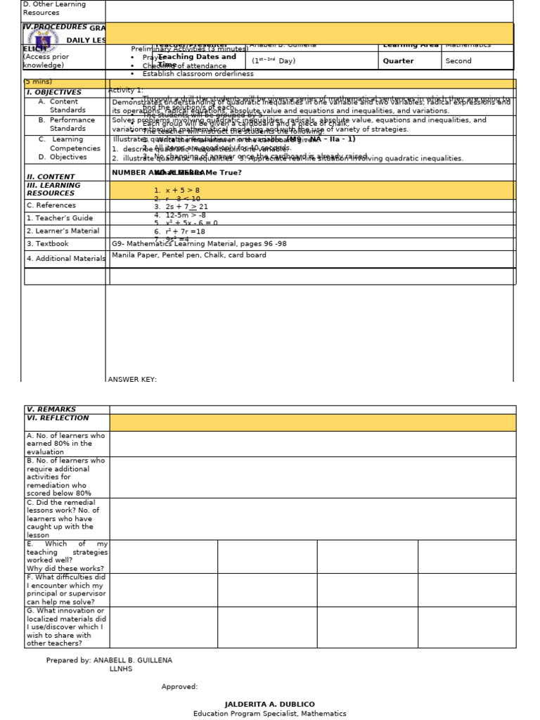 Grade 9 Math Lesson Plan: Quadratic Inequalities | PDF | Equations ...