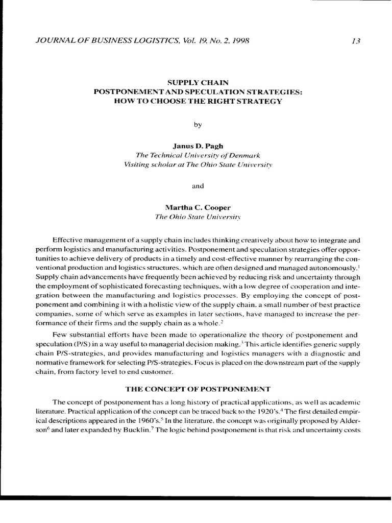 Supply Chain Postponement and Speculation Strategies 1998 | PDF