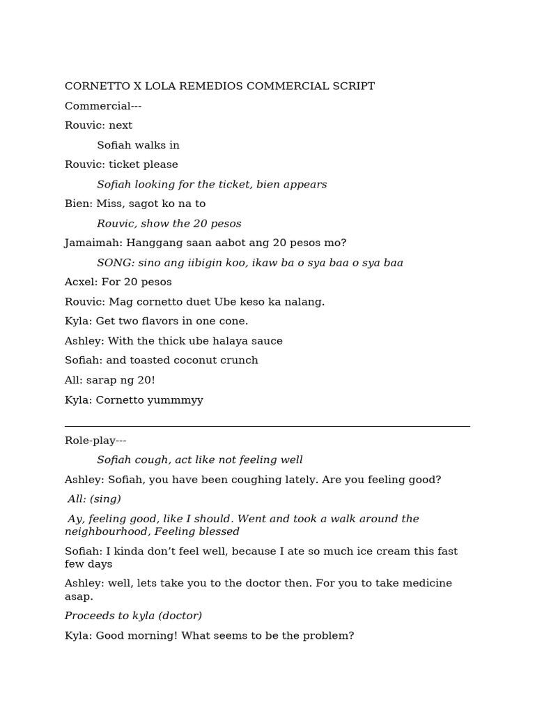 Cornetto X Lola Remedios Commercial Script | PDF | Cooking, Food & Wine ...