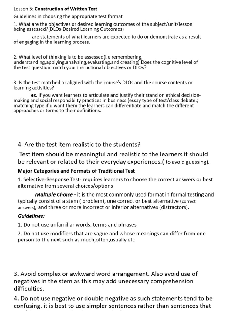 Test Construction Guidelines and Formats | PDF | Multiple Choice | Learning