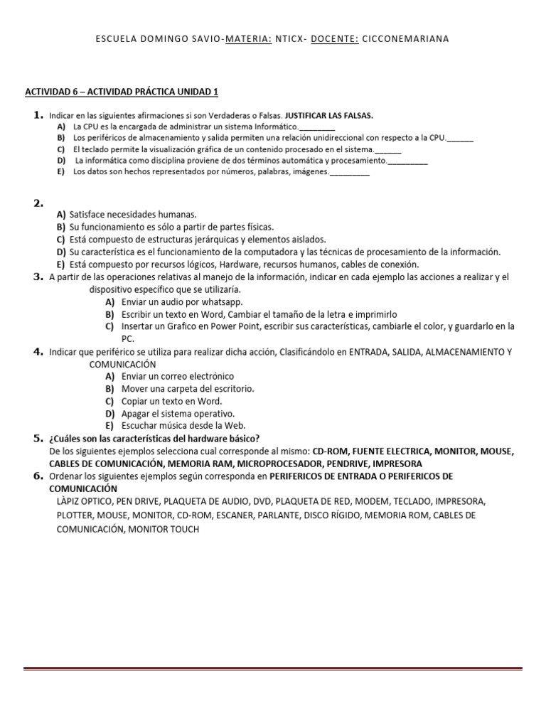 Actividades Prácticas de NTIC para Cuartos Años | PDF | Periférico ...