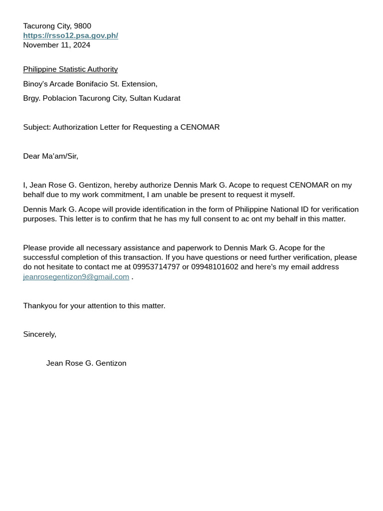 Authorization Letter for CENOMAR Request | PDF