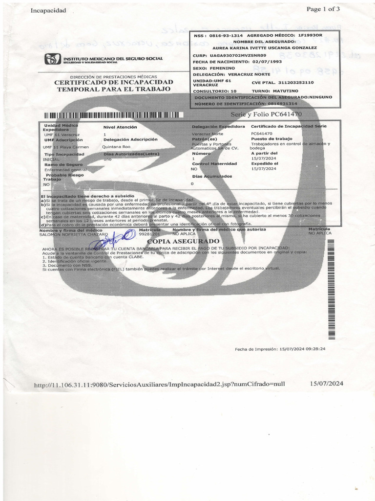 Certificado de Incapacidad IMSS | PDF
