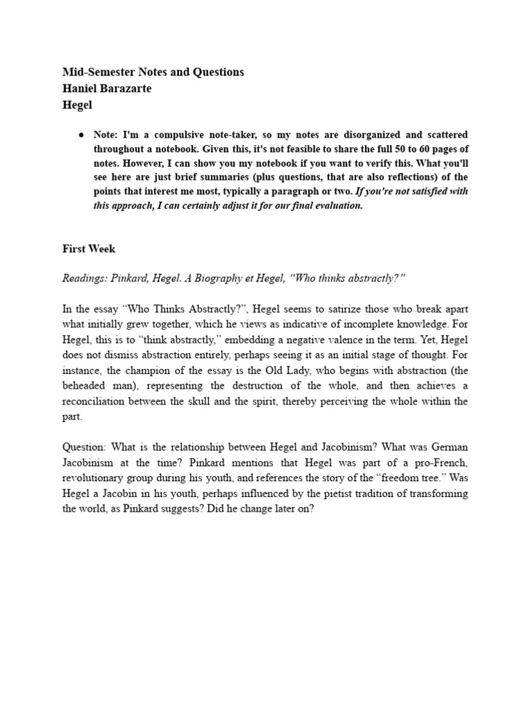 Mid-Semester Notes and Questions | PDF | Georg Wilhelm Friedrich Hegel ...