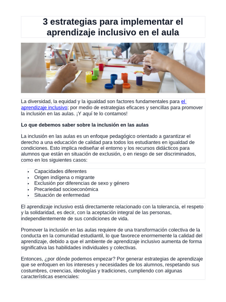 3 Estrategias para Implementar El Aprendizaje Inclusivo en El Aula ...