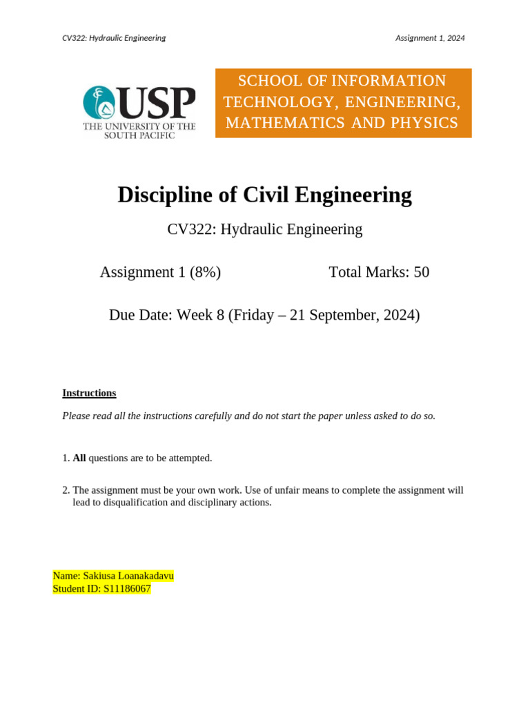 Hydraulic Engineering Assignment Overview | PDF | Fluid Dynamics ...