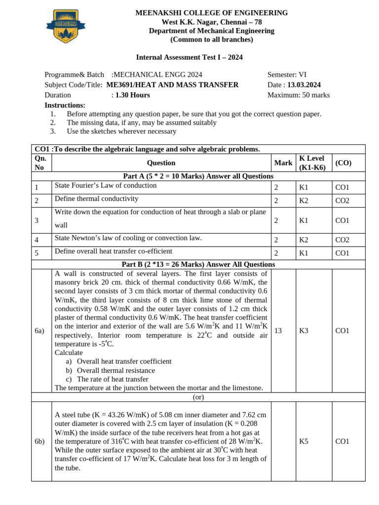 Mechanical Engineering Heat Transfer Exam | PDF | Heat Transfer ...