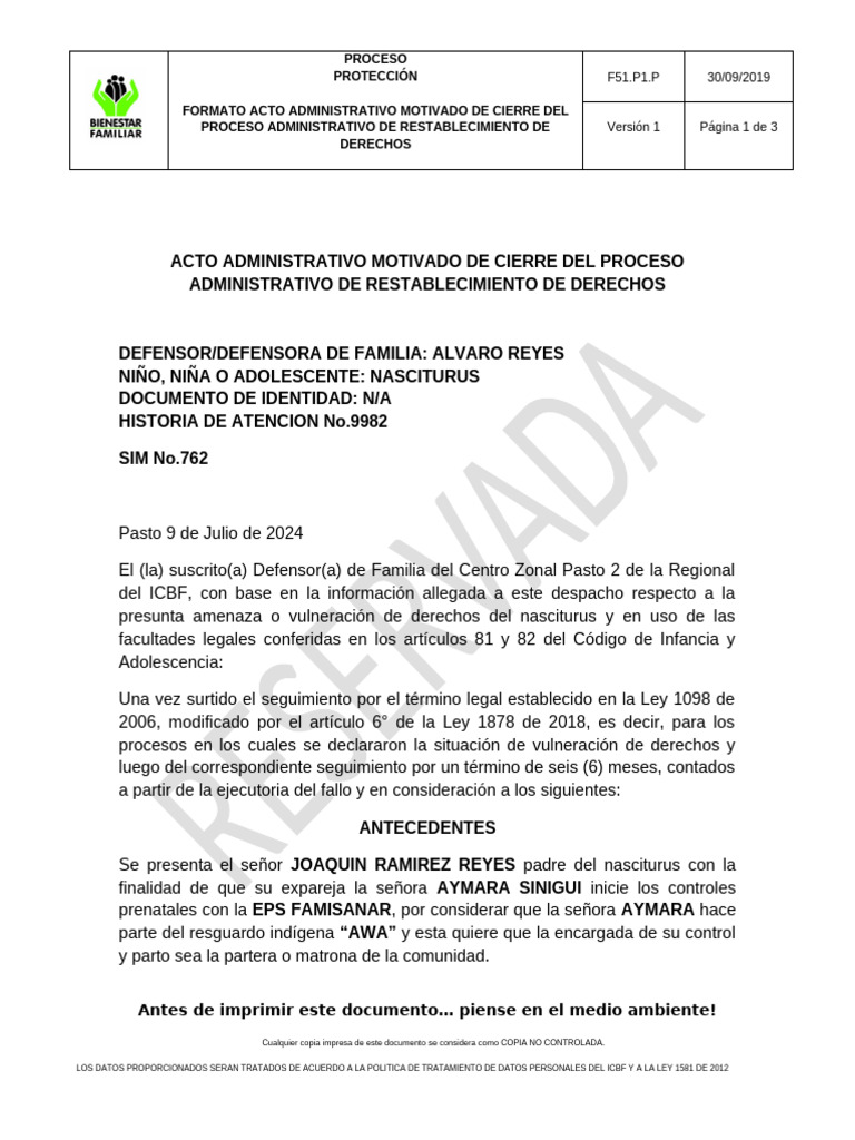Cierre del Proceso de Restablecimiento de Derechos | PDF | Partería
