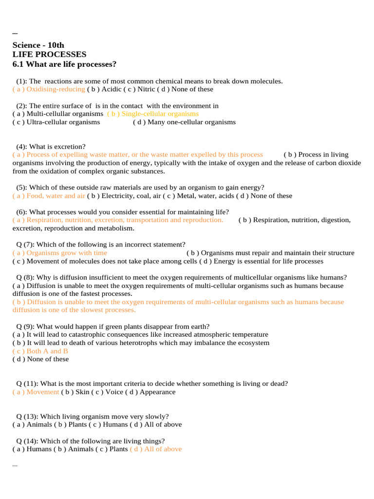 Essential Life Processes for Organisms | PDF | Nutrition | Diet & Nutrition