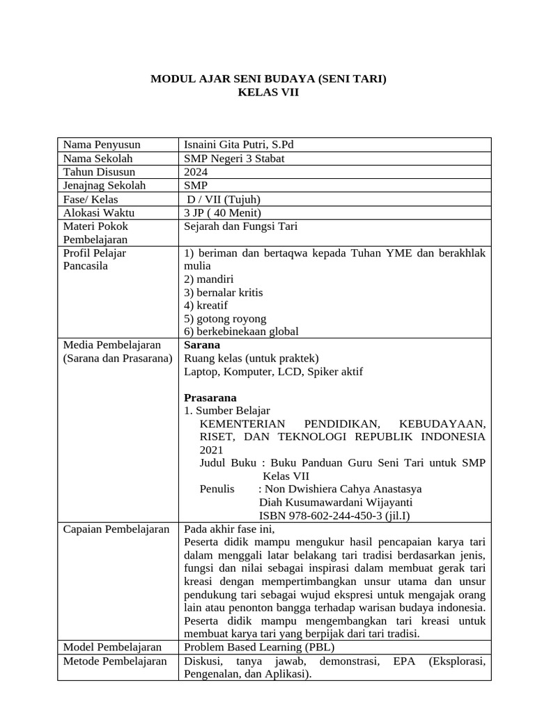 Modul Ajar Seni Tari Kelas VII SMP | PDF | Seni & Disiplin Bahasa