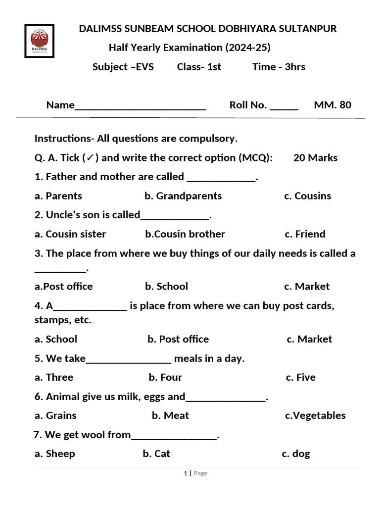 Class 1 EVS Half Yearly Exam Paper | PDF | Meal | Foods