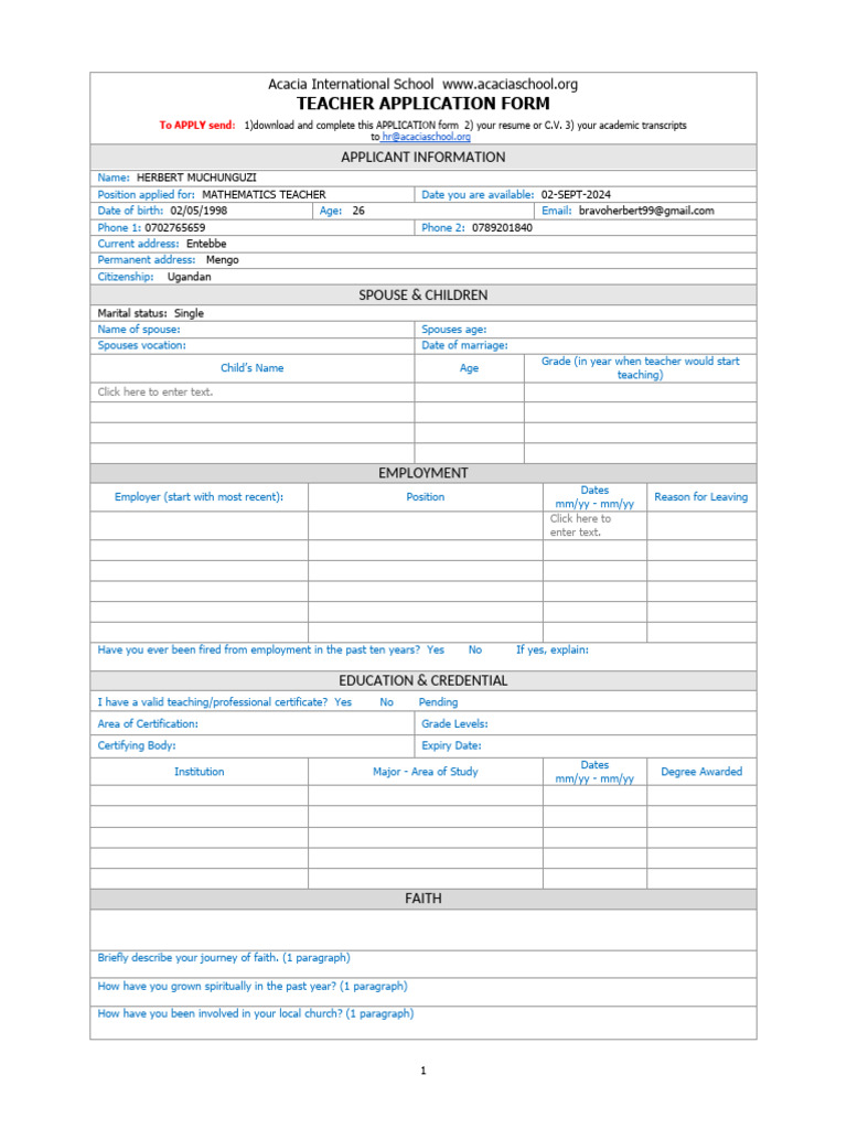 Teacher Application for Acacia School | PDF | Jesus | Religious Belief ...