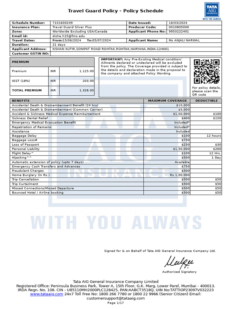 Travel Guard Silver Plus Policy Details | PDF | Insurance