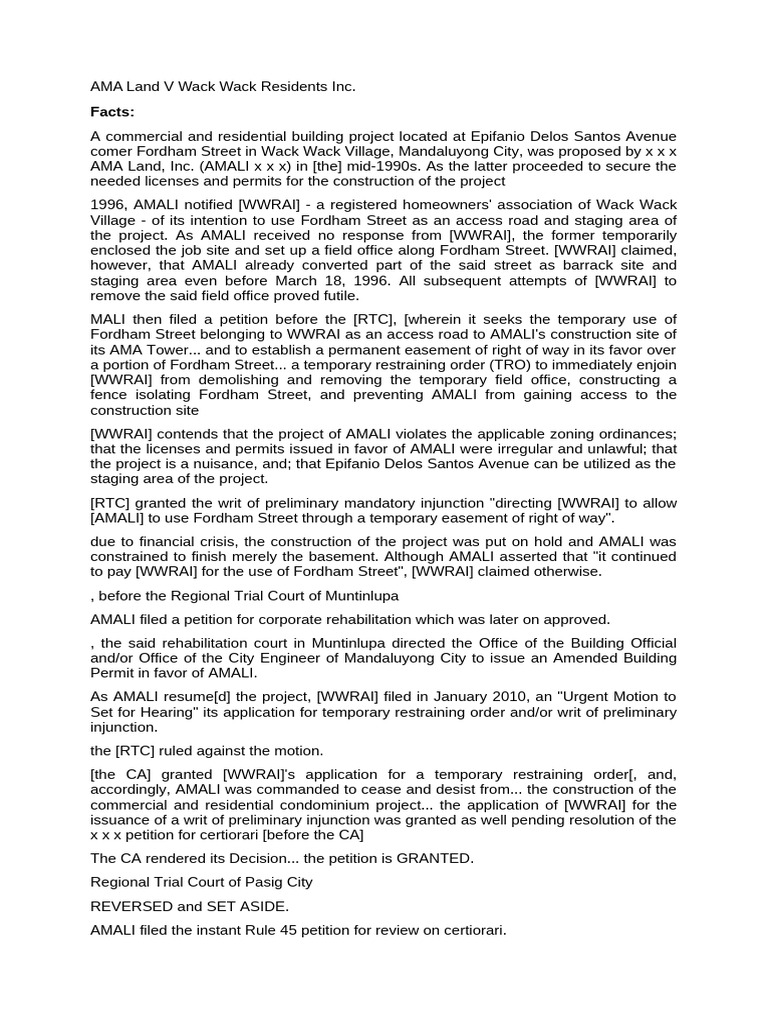 AMA Land vs. Wack Wack Residents' Rights | PDF | Injunction | Certiorari