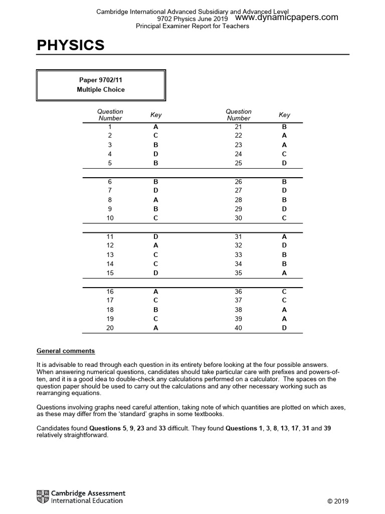 Physics: Paper 9702/11 Multiple Choice | PDF | Force | Wavelength