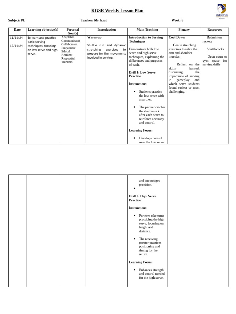 Physical Education Lesson Plan W6 PDF Physical Education Learning