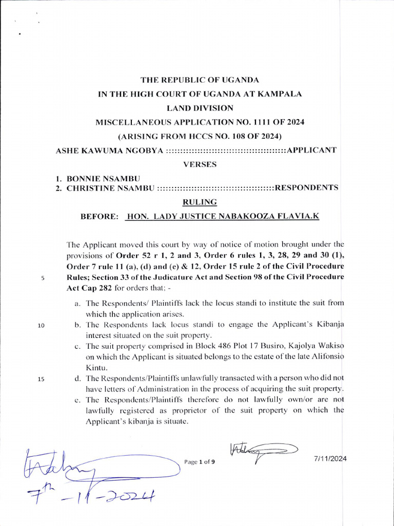Uganda High Court Ruling on Land Dispute | PDF | Standing (Law) | Lawsuit