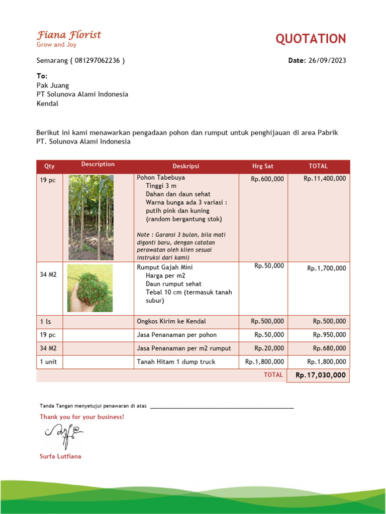 Penawaran Pengadaan Tanaman untuk PT Solunova | PDF