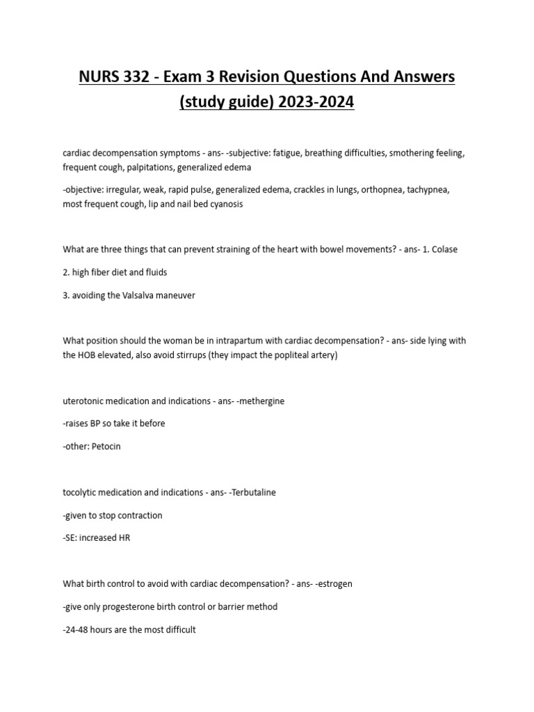 NURS 332 Exam 3 Study Guide 2023-2024 | PDF | Thrombosis | Preterm Birth