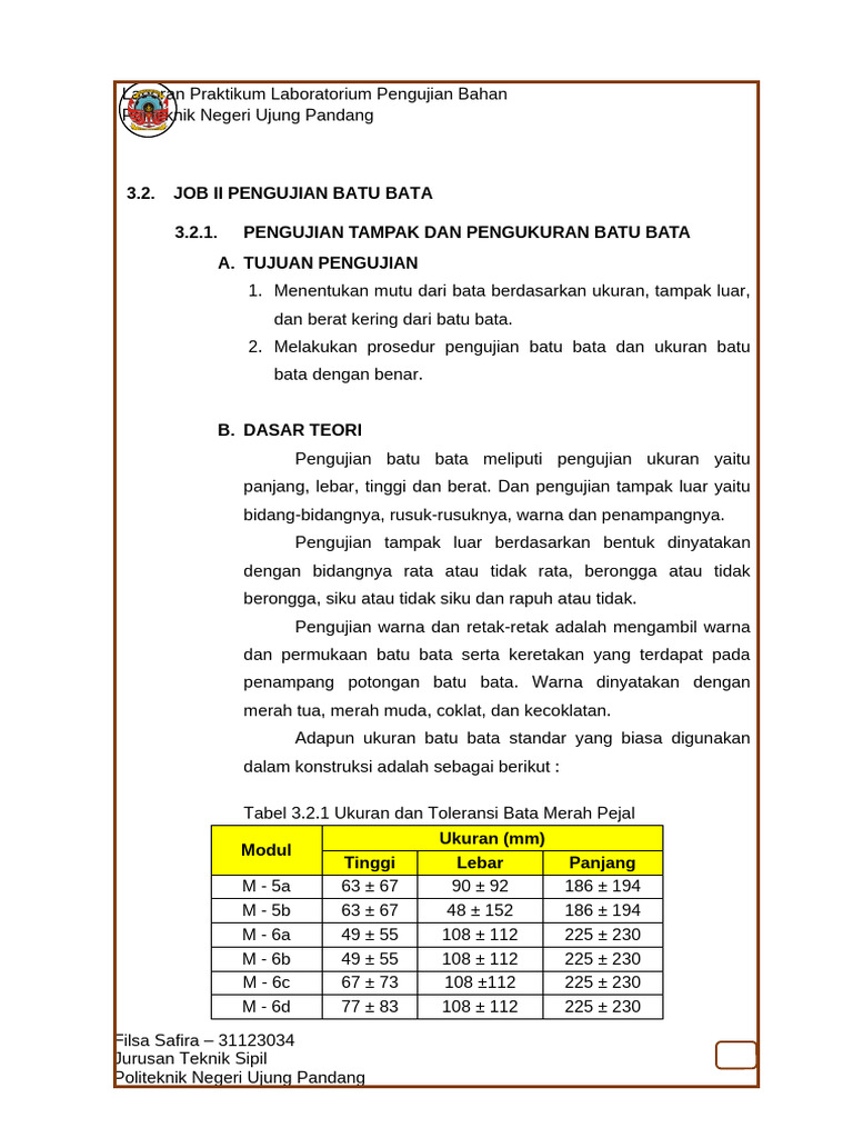 Pengujian Mutu Batu Bata di Laboratorium | PDF