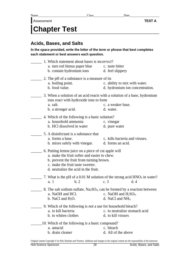 Chapter Test A | PDF | Acid | Atoms