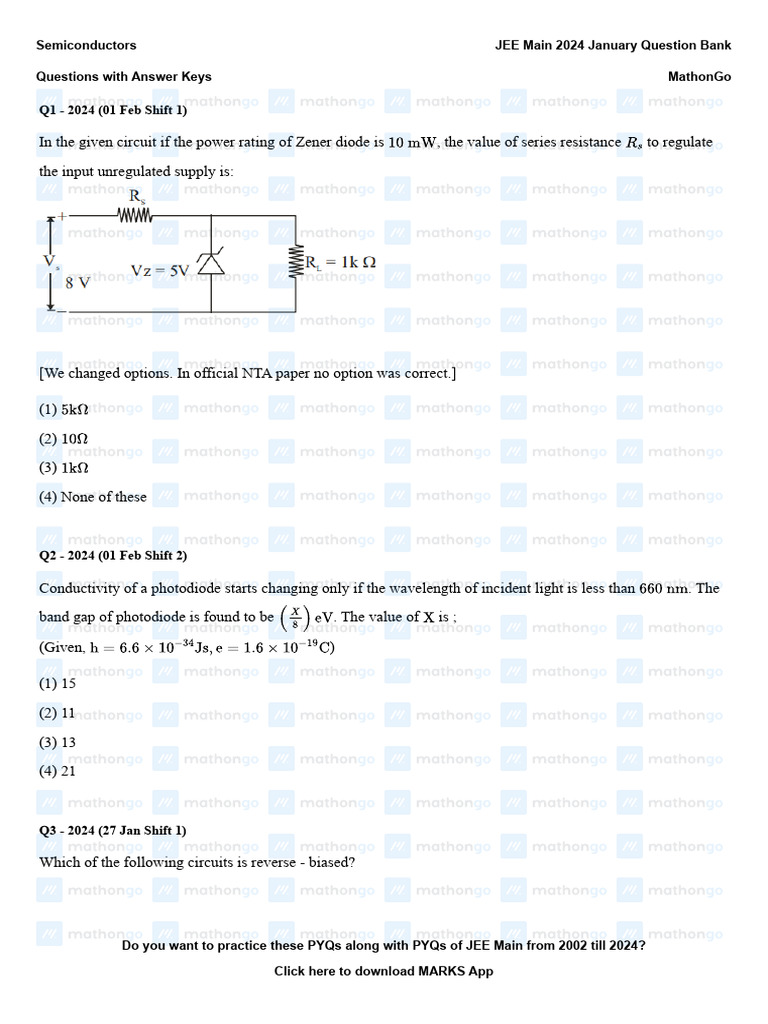 JEE Main 2024 Semiconductor PYQs | PDF | Diode | Semiconductors