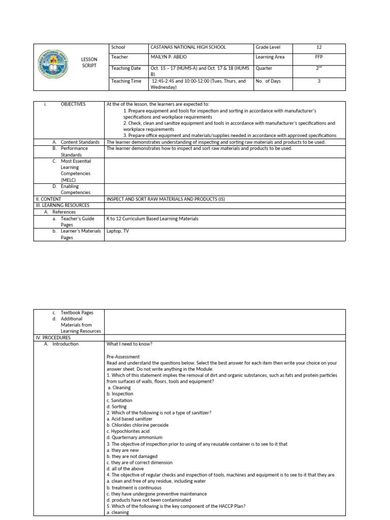 Lesson Plan - Preparation of Tools and Sanitizing - Module 4 | PDF ...