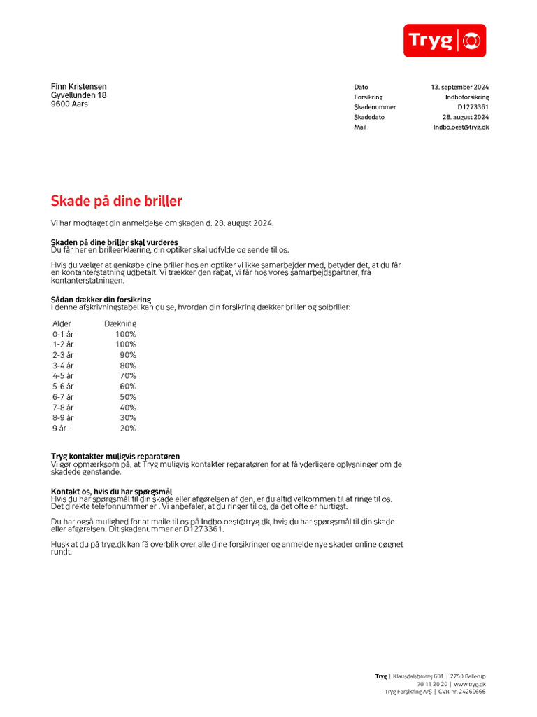 Vedr. Din Skade D1273361 | PDF