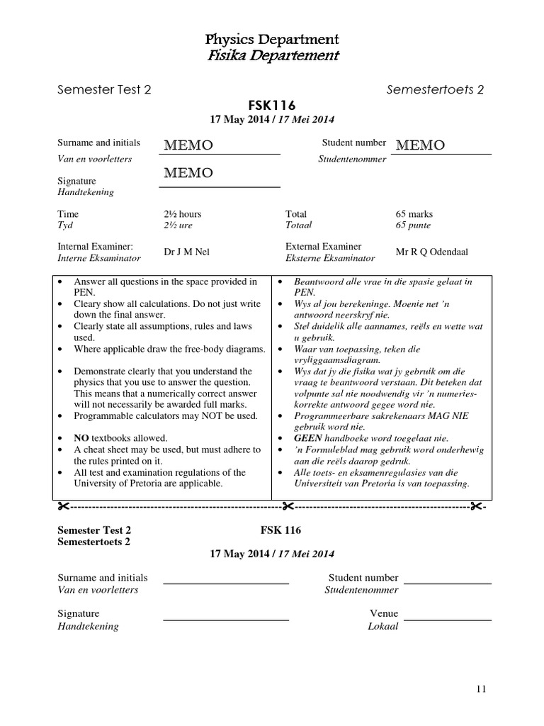 Physics Semester Test 2 Memo 2014 | PDF | Force | Acceleration