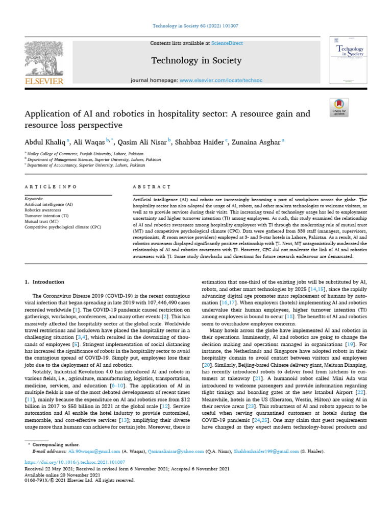 Application of AI and Robotics in Hospitality Sector | PDF | Structural ...