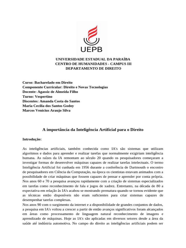 Inteligência Artificial no Direito: Impactos e Desafios | PDF ...