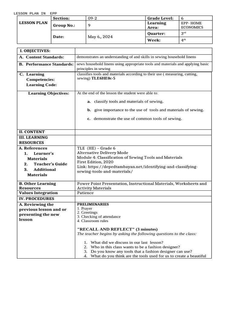Grade 6 Sewing Tools Lesson Plan | PDF | Sewing | Lesson Plan