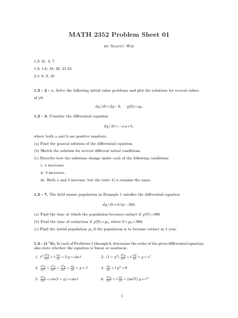 Problem Sheet 01p | PDF | Differential Equations | Equations