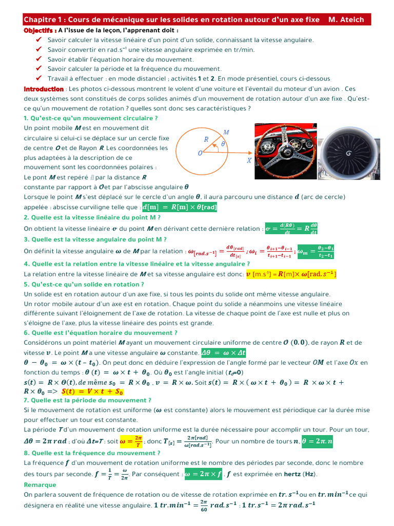 Mécanique : Rotation d'un Solide 1 Bac | PDF | Rotation | Mouvement de ...