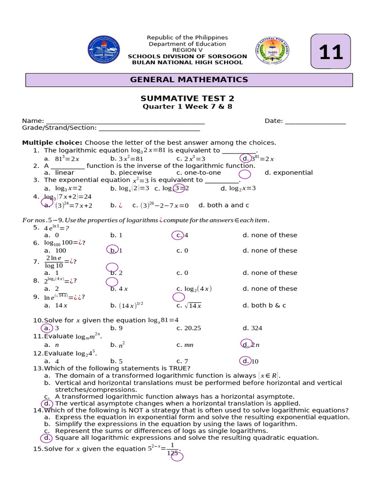 General Mathematics Summative Test 2 | PDF | Logarithm | Function ...